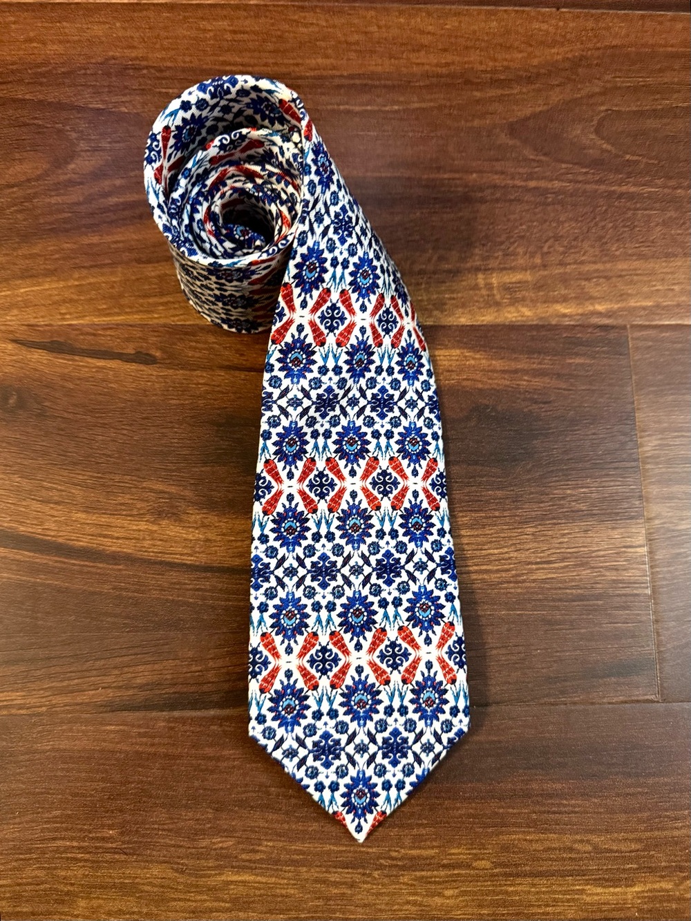 FOX & Chave 100% Silk Blue and Red Floral Geometric Tie
